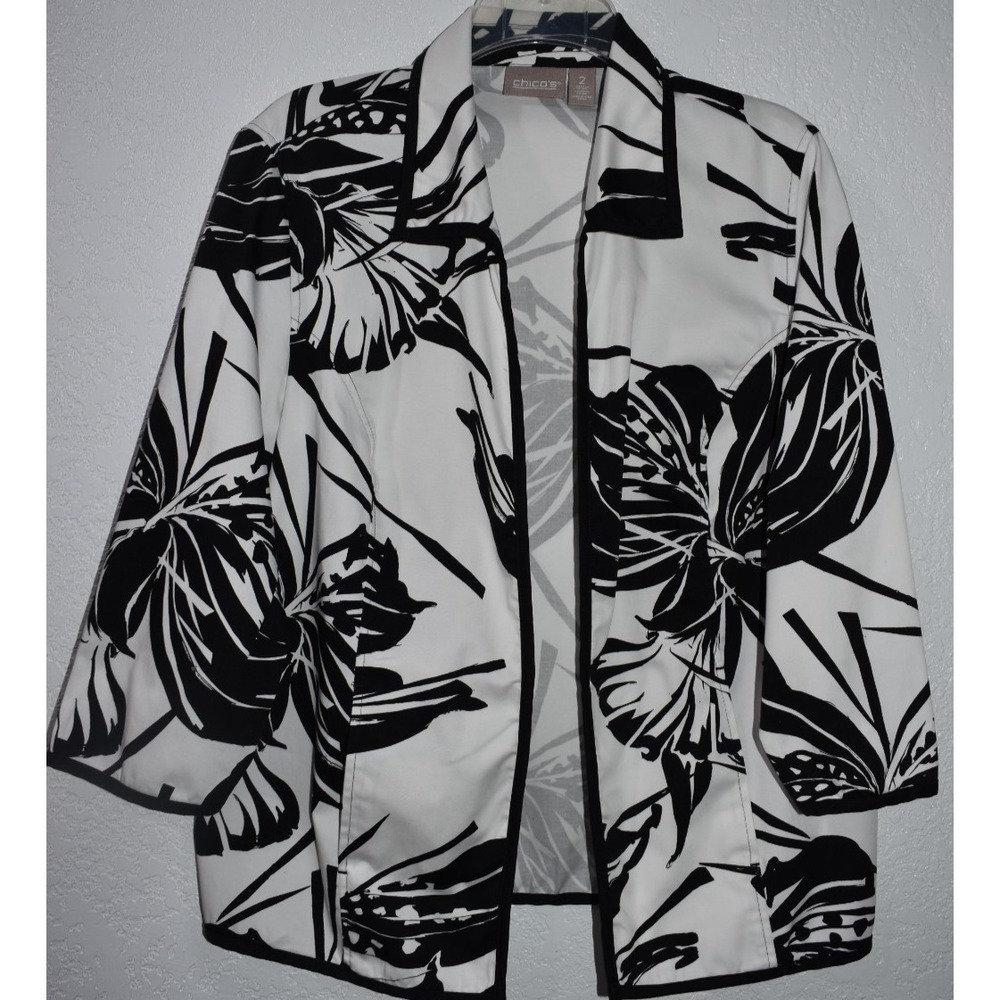 Chicos Jacket 2/LARGE Open Front Abstract Floral Print Top Artsy Coastal Beachy